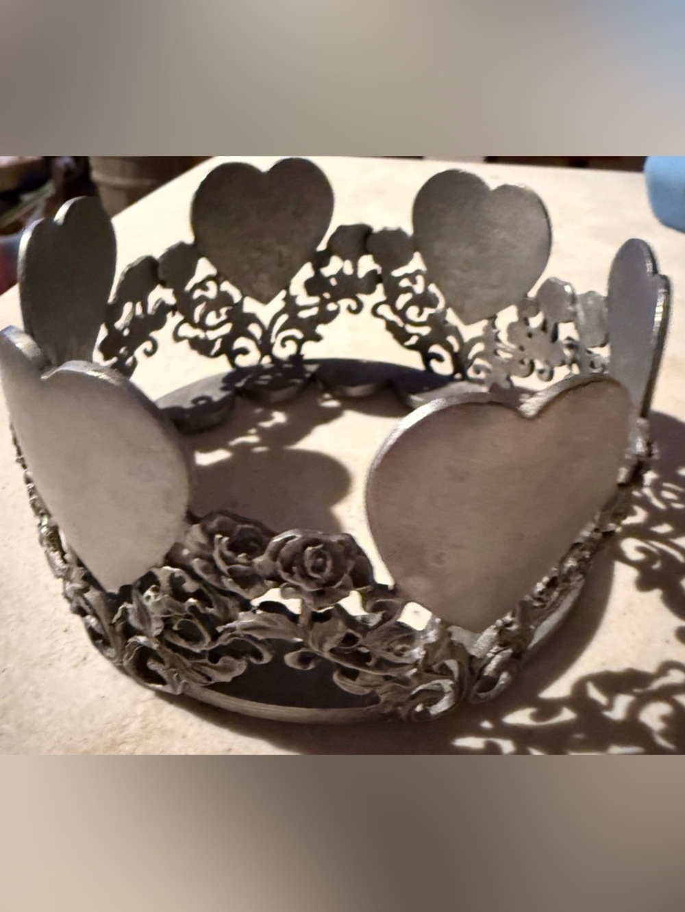 Decorative Heart & Rose Metal Candle Holder in Silver Finish